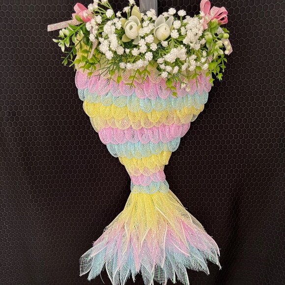 Mermaid Wreath with Baby's Breath Made out of Deco Mesh - Picture 1 of 2